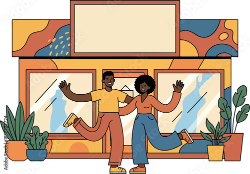 A cheerful Black couple stands in front of their modern storefront with welcoming gestures, symbolizing the grand opening of a small business and customer hospitality