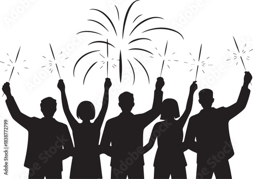 Five black silhouettes of people holding sparklers and fireworks