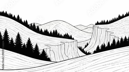 Dramatic landscape of layered rock formations and evergreen trees.