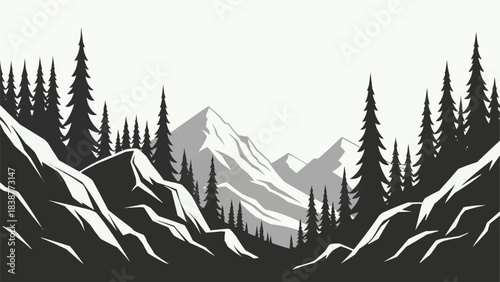 Majestic mountain range with towering trees and rugged terrain silhouette.