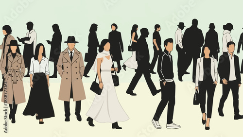 Diverse group of people walking in various stylish outfits.