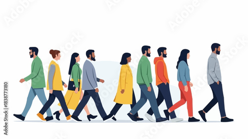 Diverse Group of People Walking in a Line.