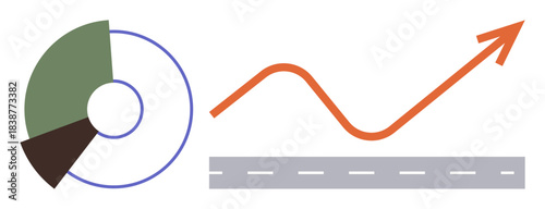 Circular segmented chart beside a winding arrow above a straight road. Ideal for analytics, business growth, progress, strategy, data visualization, decision-making, simple flat metaphor