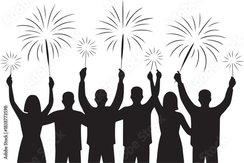 Silhouettes of people celebrating with sparklers and fireworks