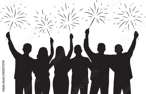 Silhouettes of people holding sparklers with fireworks