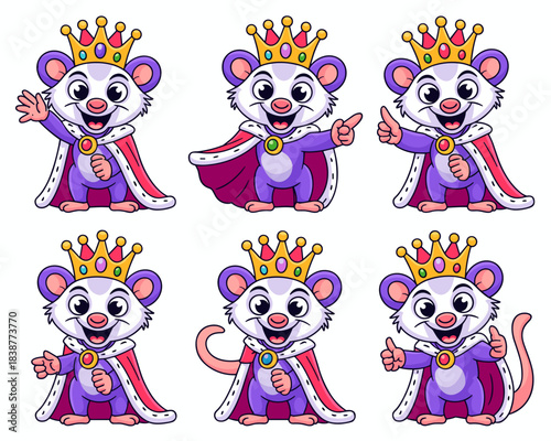 A collection of six adorable royal mouse or rat king cartoon mascot characters, dressed in majestic purple capes and golden crowns, performing actions like pointing, waving, and giving a confident thu
