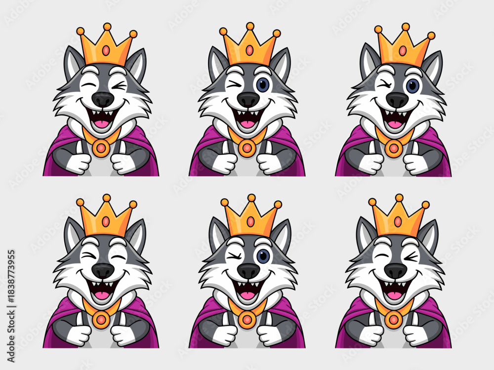Obraz premium Cute smiling cartoon wolf king mascot character set giving a double thumbs-up gesture, wearing a purple cape and golden royal crown, expressing confidence, happiness, and ultimate approval for brandin