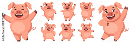 Jubilant set of cute pink cartoon farm pig and piglet characters expressing cheerful emotions in various dynamic poses; happy swine are jumping, dancing, and welcoming, ideal vector illustration graph