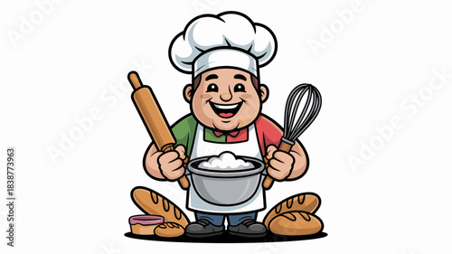 Cheerful baker mascot character holding a wooden rolling pin and metal whisk with a bowl of flour, ready for cooking and professional food preparation in a friendly kitchen environment, perfect vector
