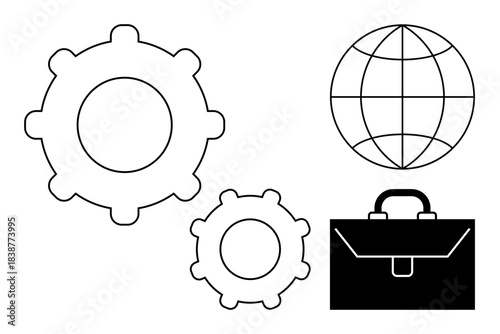 Business strategy, global management, productivity tools, technical operations, work efficiency, corporate system. Gears, globe and briefcase in minimal black-and-white style. Business strategy