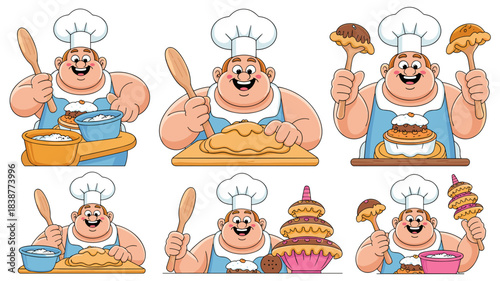 Overweight cheerful cartoon chef demonstrating the baking process and culinary arts, preparing delicious pastries, mixing ingredients, kneading dough, and proudly presenting finished desserts, graphic