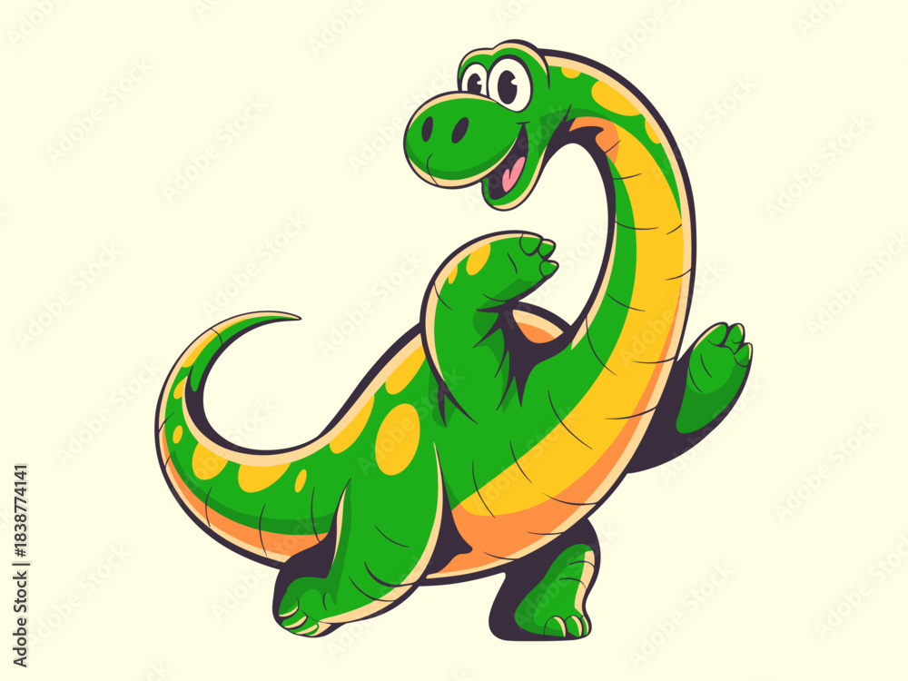 Obraz premium Cheerful friendly green long-necked cartoon dinosaur character standing and smiling with arms raised, posing happily; perfect mascot for kids' branding, education, or entertainment marketing materials