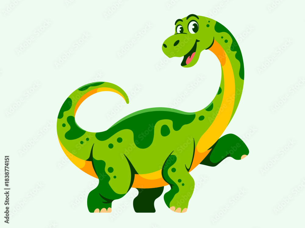 Obraz premium Cheerful friendly cartoon dinosaur character with a long neck and smiling face, standing happily, featuring bright green skin and yellow underbelly pattern accents, perfect playful vector illustration