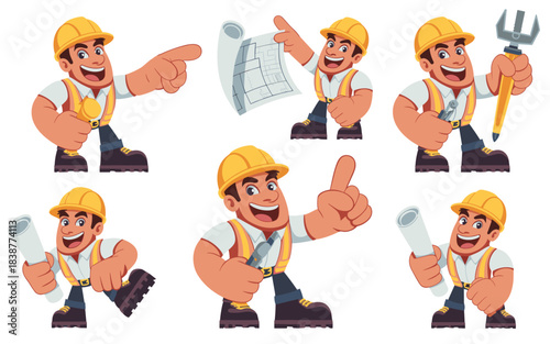Confident construction worker mascot character set showing an industrial engineer or foreman actively directing, pointing, and reviewing architectural blueprints or building plans. This happy male pro