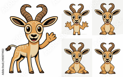 Adorable African safari gazelle fawn character vector illustration set with friendly brown antelope smiling, standing and waving in multiple poses for wildlife education, branding, logo, graphic resou