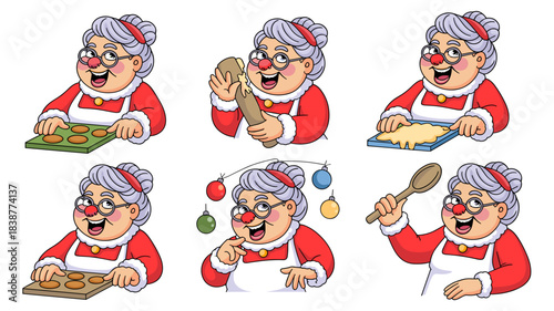 Happy Mrs. Claus character cooking and baking Christmas gingerbread cookies in six festive poses, rolling dough, preparing sweets, holding a spoon, and planning her holiday treats vector illustration