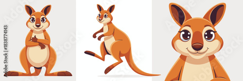 Cute cartoon kangaroo character vector illustration set showing three cheerful poses: confident standing with crossed arms, dynamic jumping action, and friendly close-up mascot portrait, perfect for A
