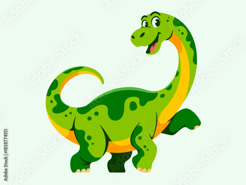 Cheerful friendly cartoon dinosaur character with a long neck and smiling face, standing happily, featuring bright green skin and yellow underbelly pattern accents, perfect playful vector illustration