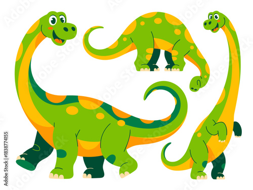 Three playful cartoon sauropod dinosaurs standing and walking in various poses, featuring happy friendly expressions, rendered in a vivid green and yellow flat design vector illustration set. Ideal ed