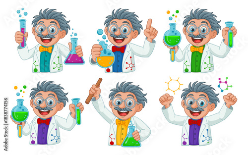 Friendly cartoon chemist researcher set in lab coat performing chemical experiments, holding colorful reagents in glassware test tubes and beakers, celebrating scientific discovery innovation. This en