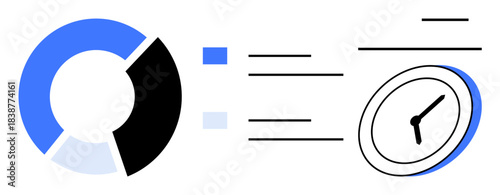 Data analysis, time tracking, progress monitoring, project management, efficiency, business strategies. Pie chart and clock showing information design. Data analysis and time tracking concept