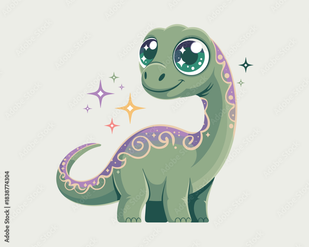 Naklejka premium Enchanting and adorable baby dinosaur character illustration, a smiling cartoon long-neck apatosaurus creature with glossy big sparkling eyes and magical purple swirl decorations, charming vector grap