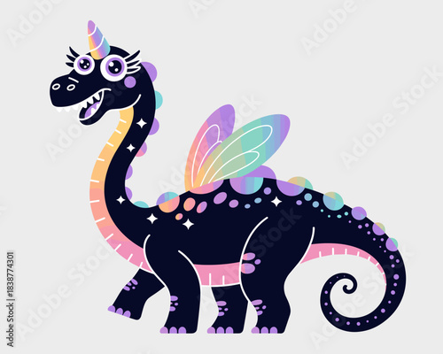 Whimsical cartoon unicorn dinosaur illustration vector, a friendly mythical brontosaurus-style dragon creature with rainbow pastel wings and glittering scales, ideal for children's fashion, educationa