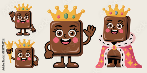 Adorable kawaii vector illustration set of cheerful dark brown chocolate bar characters; regal candy queen and royal confectionary king wearing elaborate golden crowns, holding a scepter, and adorned