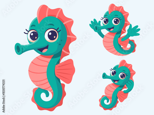 Cheerful smiling cartoon seahorse characters set, vibrant teal and coral pink marine animals waving and swimming underwater, cute flat design vector illustration for tropical ocean life education, adv