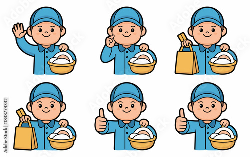 Cheerful blue uniform cartoon cleaner or delivery worker mascot illustration set showing helpful service gestures like greeting, thumbs up, and holding a basket of fresh washing and retail shopping ba