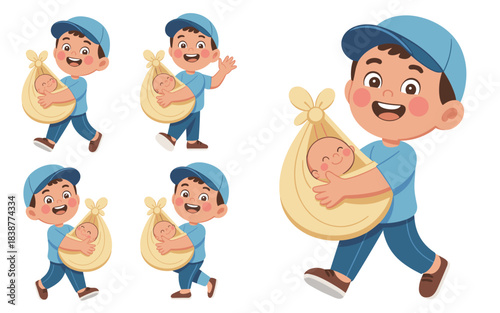 Happy smiling cartoon illustration of a cheerful young boy wearing a blue baseball cap, walking and gently carrying a swaddled newborn infant baby in a cute beige delivery sling, symbolizing new life,