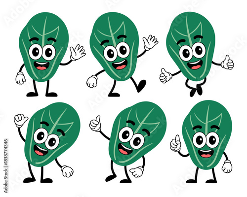 A vibrant collection of funny leafy green vegetable cartoon characters, featuring various spinach mascot poses including waving and positive thumbs up gestures, perfect for health, food, and nutrition