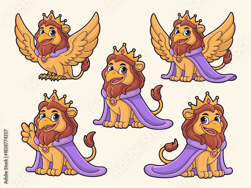 Adorable royal griffin king cartoon mascot vector illustration set, wearing a golden crown and majestic purple cape, displaying various cute poses for fantasy marketing, heraldic design elements, educ