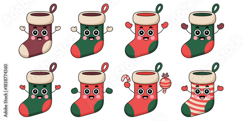 A cheerful set of eight adorable kawaii cartoon Christmas stockings illustration forming a vibrant festive seamless holiday vector pattern background, ideal for joyful seasonal winter marketing, fabri