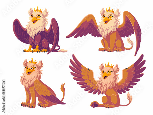 Four adorable mythological crowned griffin characters posing, a vibrant vector illustration collection set featuring cute, smiling royal eagles and lions with purple wings and golden talons, ideal for