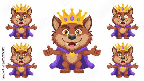 Adorable cartoon wolf king mascot character wearing a majestic gold crown and purple royal cape, standing triumphantly with arms wide open in a friendly welcoming gesture, perfect vector illustration