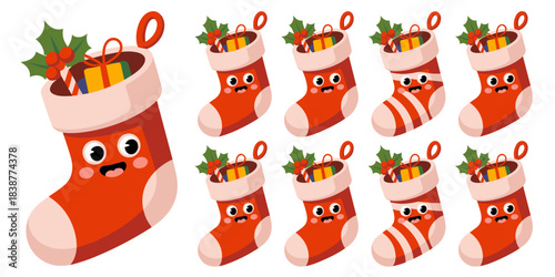 Playful festive Christmas stockings pattern featuring many cheerful kawaii cartoon characters filled with delightful seasonal gifts, holly berries, and striped candy canes, ideal vector illustration f
