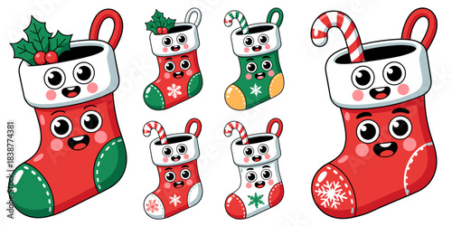 A delightful collection of cute kawaii Christmas stocking characters, smiling happily with rosy cheeks, featuring traditional red and green festive colors, detailed with holly, berries, and peppermint