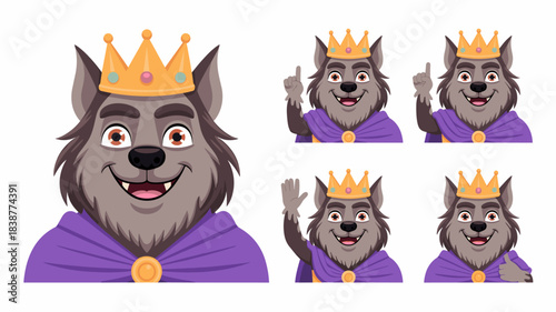 A cheerful friendly cartoon wolf king character mascot wearing a golden crown and regal purple cloak, featured in a set of five vector poses including pointing, waving, and positive thumbs up gestures