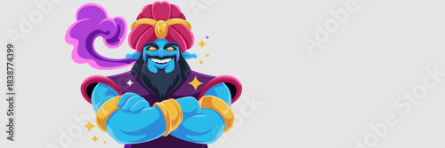 Confident mystical blue Djinn spirit character with a welcoming, confident smile and crossed arms, wearing a detailed turban and beard, representing magical power, success, solutions, and wish fulfill