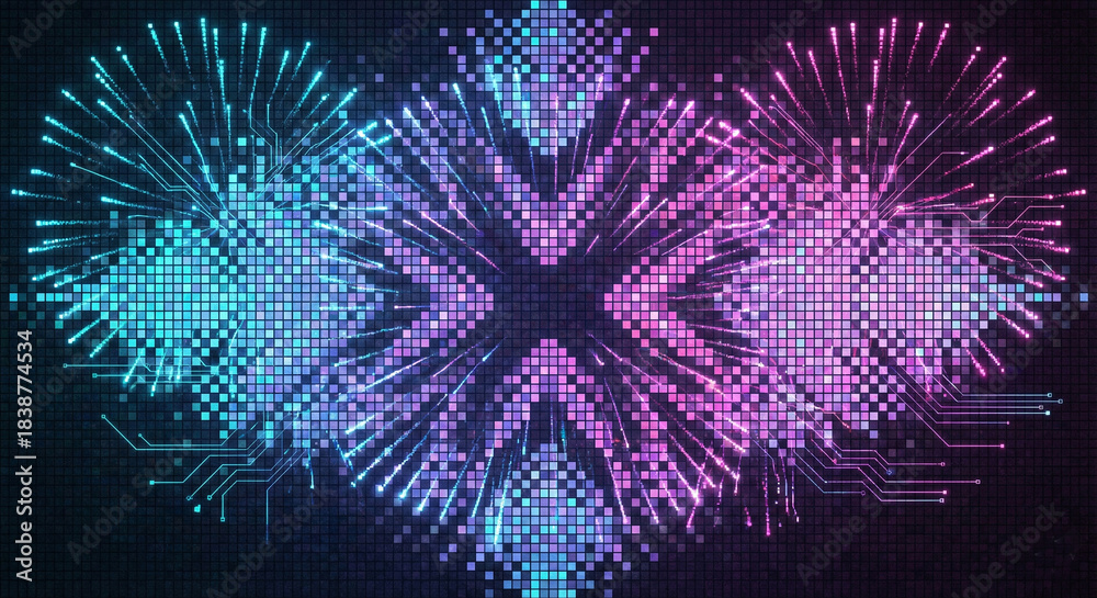 Obraz premium Abstract neon ribbons (electric blue, purple, and pink) twist in an infinite shape over a reflective, foggy surface, showcasing a futuristic and cyberpunk aesthetic.