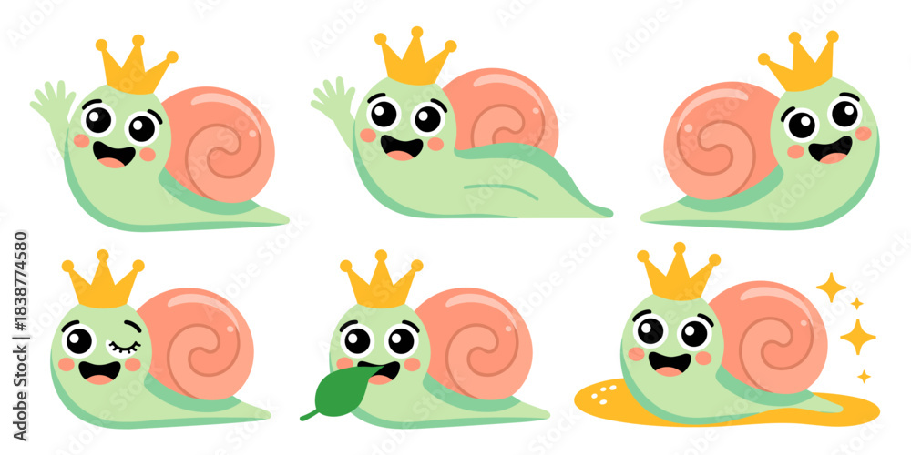 Obraz premium Cute snail princess cartoon characters set featuring six different adorable royal garden critters waving, winking, and smiling happily in a vibrant vector illustration perfect for children's marketing