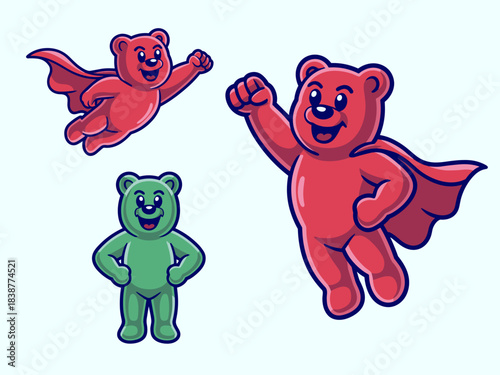 A joyful red jelly bear superhero mascot character soaring powerfully with a bright flowing cape, offering energy and health for children's vitamin supplements, fitness advertising, or cheerful pediat