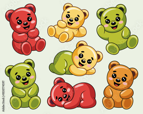 Adorable collection of seven happy gummy bear vector illustrations in cheerful red, lime green, golden yellow, and amber orange candy colors, ideal clip art for confectionery packaging design, sweet d