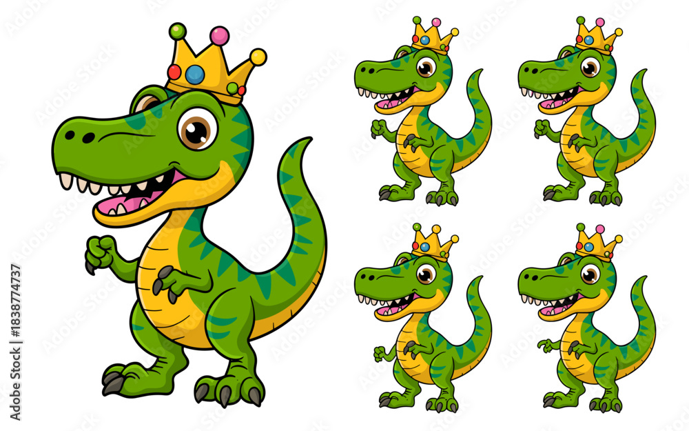 Fototapeta premium Cute cartoon Tyrannosaurus Rex dinosaur king wearing a magnificent golden crown, a cheerful majestic prehistoric animal mascot illustration perfect for children's books, education, playful marketing,