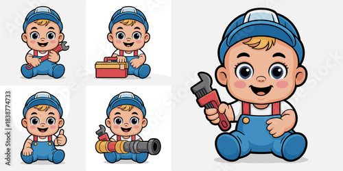 Adorable vector cartoon baby tradesman character plumber or mechanic in blue overalls and safety helmet holding construction tools, wrench, and toolbox, ready for professional repair, maintenance, and