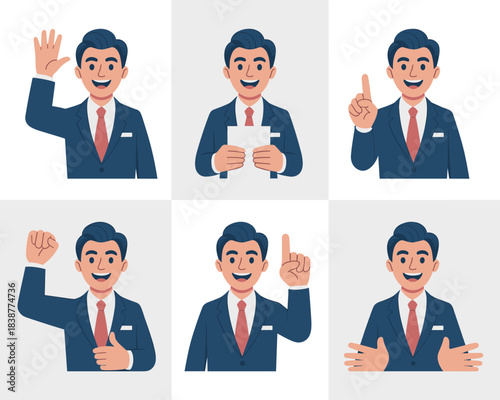 Modern professional male businessman character vector illustration collection set featuring various corporate communication gestures and actions, including happy presentation, explanation, instruction