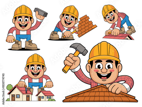 Happy handyman builder character doing residential home repair and professional renovation work, including roofing, carpentry, and masonry, using tools and materials like shingles, brick, and hammer,