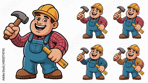 Cheerful cartoon construction worker illustration smiling broadly, wearing a yellow hard hat and blue overalls, confidently holding a hammer and a wooden ruler, perfect for advertising skilled tradesm