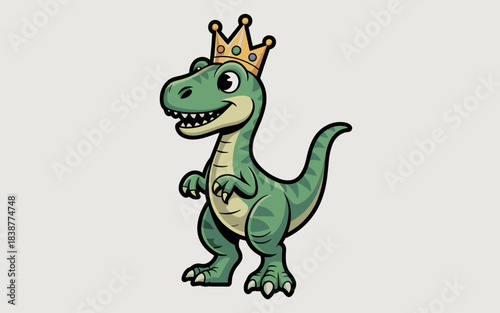 Majestic cartoon tyrannosaurus Rex king dinosaur character mascot illustration, wearing a shimmering golden royal crown, standing proudly, perfect for educational materials, fun children's book publis